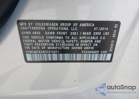2015 Volkswagen Passat 3.6L V6 Sel Premium z USA, uszkodzony, nr VIN 1VWCM7A34FC012871
